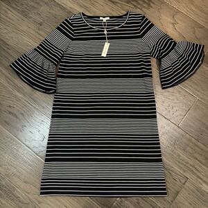 NEW Max Studio Black White Striped Bell Sleeve Dress Size Small‎